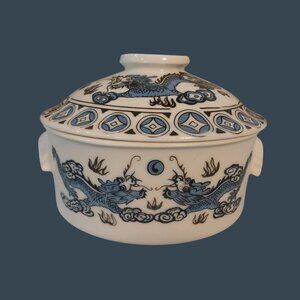 Chinoiserie Blue And White Dragon Ceramic Dish With Lid Bowl